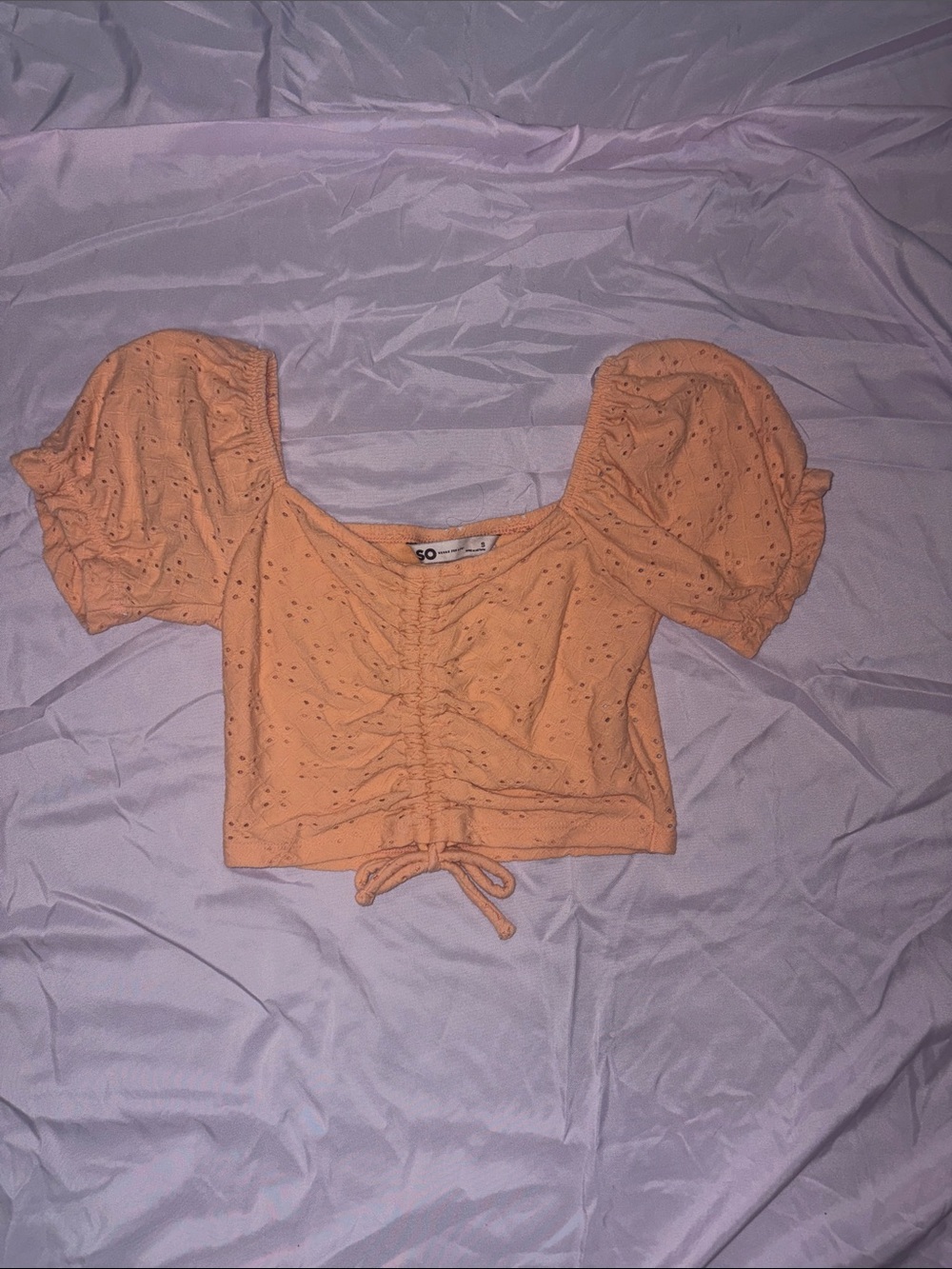 SO Peach Eyelet Puff-Sleeve Ruched Crop Top